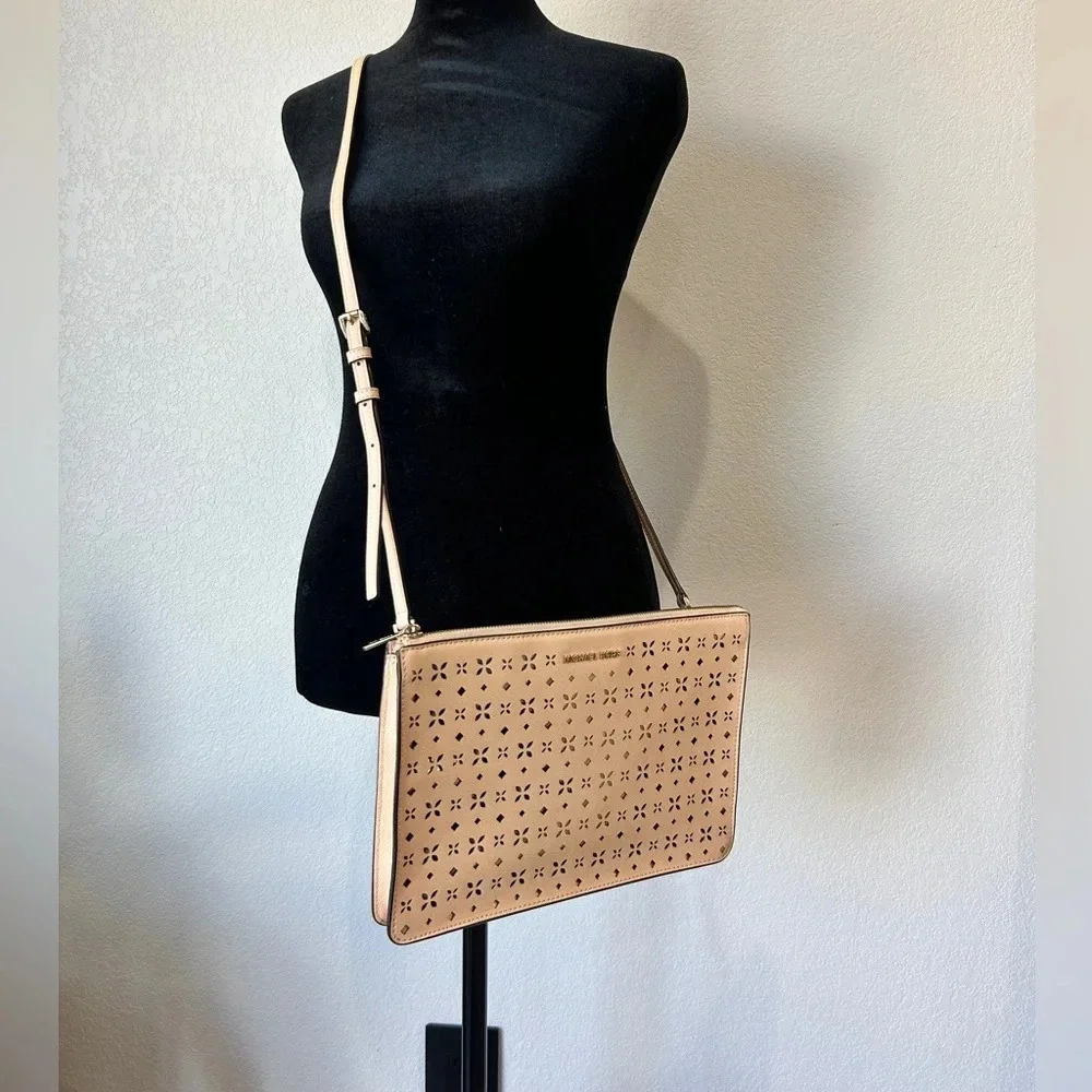 Michael Kors Beige and Gold Perforated Leather Crossbody or Clutch